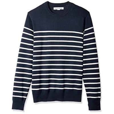 Image of Amazon Essentials Men&#039;s Crew Neck Sweater (Available in Big &amp; Tall), Dark Navy White Stripes, XXL