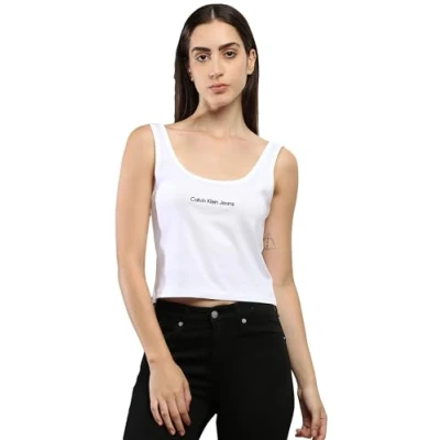 Image of Calvin Klein Jeans Women&#039;s INSTITUTIONAL Strappy TOP J20J221064 Other Knit, Bright White, L