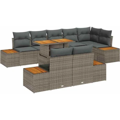 Image of vidaXL 9 Piece Garden Dining Set with Cushions Grey Poly Rattan Acacia