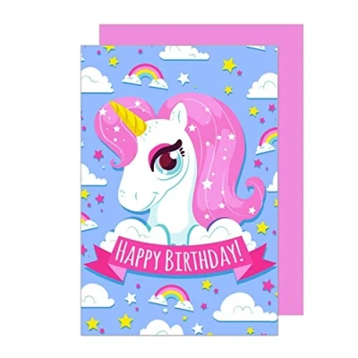 Image of Edition Seidel Premium Birthday Card with Envelope. Greetings Children&#039;s Billet Children Girls Unicorn Rainbow Happy (G2936 SW022)