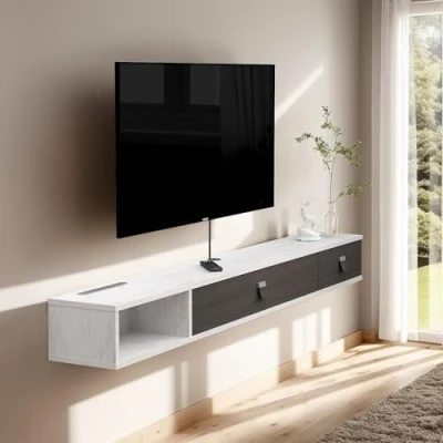 Image of Pmnianhua Wall Mounted Floating TV Unit, Stand Media Console Entertainment Gaming Storage Shelf Cabinet Unit with 2 Doors Home Office Furniture (180CM, grey white)