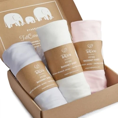 Image of TotCare Bassinet Fitted Sheets Compatible with SNOO Happiest Baby Oval Buttery Soft, Silky Comfort, Premium Stretchy Jersey Knit Pale Pink + Lavendar Cloud, 3 Pack