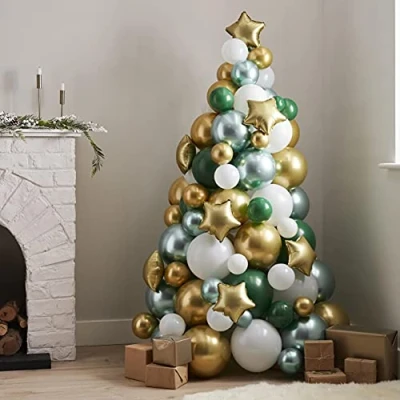 Image of Ginger Ray Green Gold And White Balloon Christmas Tree 114 Balloons per pack