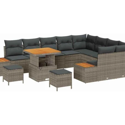 Image of vidaXL 12 Piece Garden Sofa Set with Cushions Grey Poly Rattan Acacia