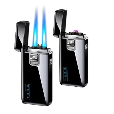 Image of Torch Lighter Electric Arc 2 in 1 Dual Jet Flame Butane Refillable USB Rechargeable Windproof for Candle Kitchen BBQ No Gas (Black)