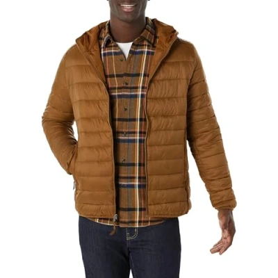 Image of Amazon Essentials Men&#039;s Lightweight Water Resistant Packable Hooded Puffer Jacket, Light Brown, L