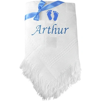 Image of Personalised Footprint Shawl Blanket Gift with Name Embroidery (One (10 Characters), Blue Embroidery)