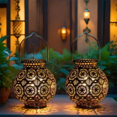 Image of TRIROCKS Set of 2 Moroccan Style Metal Table Lamp 18cm H Battery Powered Cordless with LED Fairy Lights Bulb Perfect for Home Living Room Parties Tabletop Indoors (White)