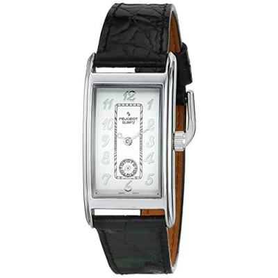 Image of Peugeot Men&#039;s Classic Vintage Watch Curved Stainless Steel Case with Genuine Leather Band, Silver, S, Vintage, Classic, Minimalist
