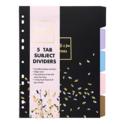 Image of Pukka Pad, Rochelle &amp; Jess A4 5 Part Divider Set Reversible Subject Dividers with Gorgeous Designs and Bright Colours on Reverse 11 Hole Punch Design 250GSM Board Sets