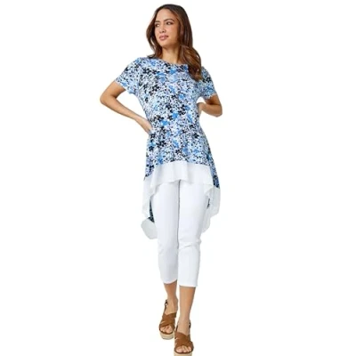Image of Roman Originals Chiffon Dipped Hem Top Asymmetric Tunic for Women UK Ladies Stretchy Jersey Flared Blouse Smart Fit &amp; Flare Form Casual Loose Longline Party Hanky Tunics Blue Size 12