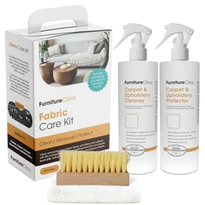 Image of Furniture Clinic Fabric Care Kit Includes: 500ml Cleaner, Protector, Microfibre Cloth &amp; Cleaning Brush for Use on Clothing, Carpet, Upholstery Works All Types