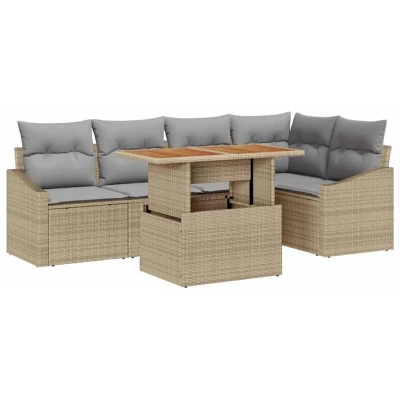 Image of vidaXL 6 Piece Garden Dining Set with Cushions Beige Poly Rattan Acacia