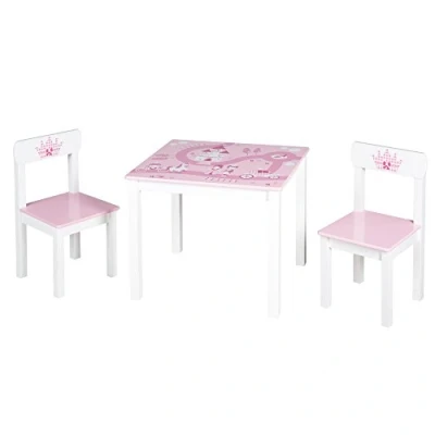 Image of roba Wooden Children&#039;s Play Table and Chair Set &#039;Krone&#039; with 2 Chairs 1 Princess Theme (Pink)