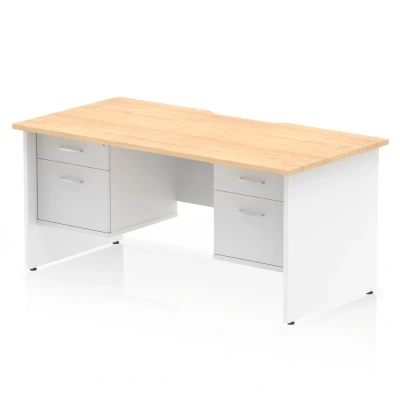 Image of Impulse 1600 x 800mm Scalloped Edge Straight Office Desk Maple Top White Panel End Leg Workstation 2 Drawer Fixed Pedestal