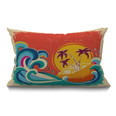 Image of BGBDEIA Hawaii Beach Cushion Cover 12x20 Inch Vintage Palm Tree Sun Tropical Island Giant Wave Rectangle Pillow Cases Home Decorative Cotton Linen Throw for Bed Sofa 30 x 50 cm