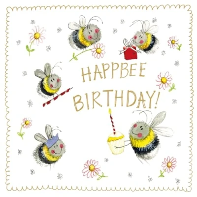 Image of Alex Clark Bee Birthday Foil Card Happbee Bees Flowers Cake Candles Daisies Greeting Cards To Celebrate Designed and Printed in the UK…