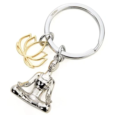 Image of Troika Yoga Keyring with Two Pendants Woman in Meditation Seat and Stylized Lotus Flower Cast Metal KR22 01/CH, Silver Colours, handlich,