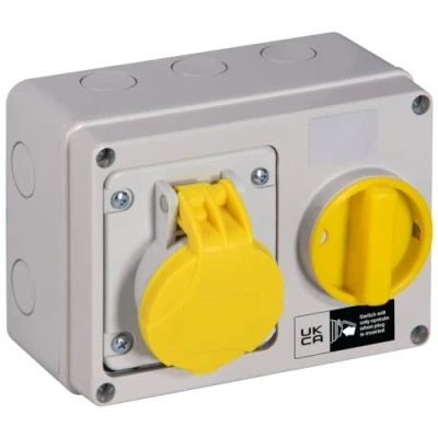 Image of TEW IP44 Horizontal Switched Socket Yellow 110v 16Amp 2P+E (3 Pin)
