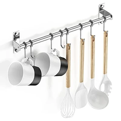 Image of Lesfit Kitchen Utensil Hanging Rack Rail with 8 hooks, Wall Mounted, Self Adhesive 40cm (16&quot;)
