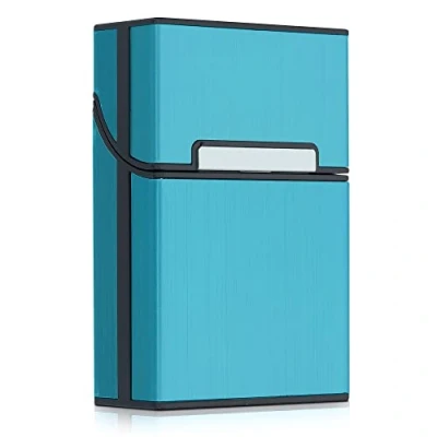 Image of kwmobile Cigarette Case Box Holder Plastic with Aluminum Coating for Cigarettes Magnetic Flip Top Closure Light Blue