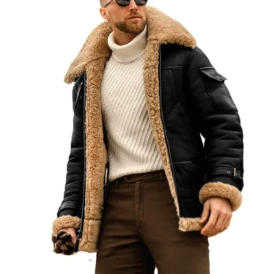 Image of EsukAr Mens Aviator Shearling Sheepskin Leather Bomber Flying Jacket,Black,4XL
