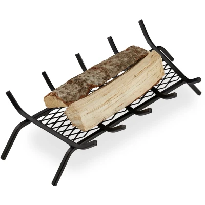 Image of Relaxdays Fireplace Grate, Angular, Steel, Andiron, Gridiron, Solid &amp; Sturdy, Log Grate With Feet, 17x69x34 cm, Black