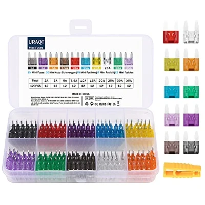 Image of URAQT Auto Fuse, 120pcs Car Standard Blade Fuses Replacement Kit, Micro with Storage Case and Fuse Clip, 10 Types(2A 3A 5A 7.5A 10A 15A 20A 25A 30A 35A)