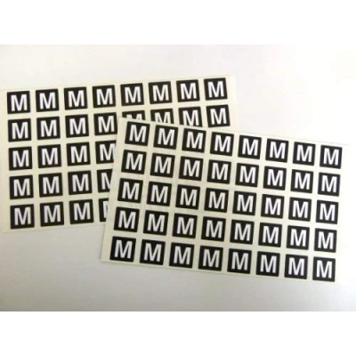 Image of Letter M, White Alphabet Letters on Black 20x20mm Square Labels Durable Plastic Stickers