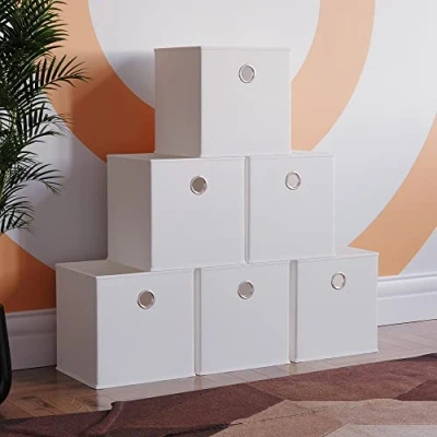 Image of Vida Designs Durham Foldable Storage Cube Baskets Fabric Box With Metal Easy Access Handle Home Organiser (6 Pack, White)