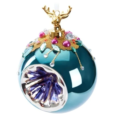 Image of BRUBAKER Premium Christmas Bauble Blue with Deer Figure 3.9 inches (10 cm) Tree Ornament Bead Decorations Hand Decorated Glass Decoration