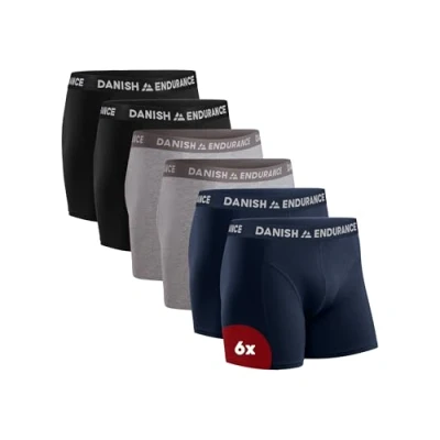 Image of DANISH ENDURANCE 6 Pack Men&#039;s Cotton Boxer Shorts, Classic Fit Underwear, Trunks, Multicolour (2 x black, 2 grey, navy), Large
