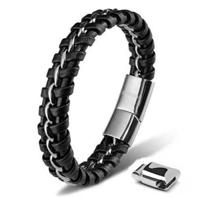 Image of SERASAR Mens Silver Bracelets 17cm Bracelet Men Gift Box Genuine Leather Cowhide Braided Magnetic Clasp Multi Layer Wrap Rope Man Mans Male Band Jewelry Magnet Accessories