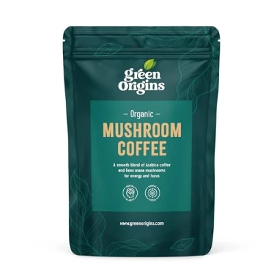 Image of Organic Super Mushroom Mocha Latte Blend with Lion&#039;s Mane, Coffee &amp; Cacao for Energy Focus 10 Servings, 100g No Added Sugar Gluten Free, Vegan, Kosher, Superfood by Green Origins