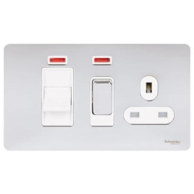 Image of Schneider Electric Ultimate Screwless Flat Plate Switched Cooker Control Unit with Single Power Socket, Double Pole, Neon Indicator, 45A, GU4401WPC, Polished Chrome White Insert