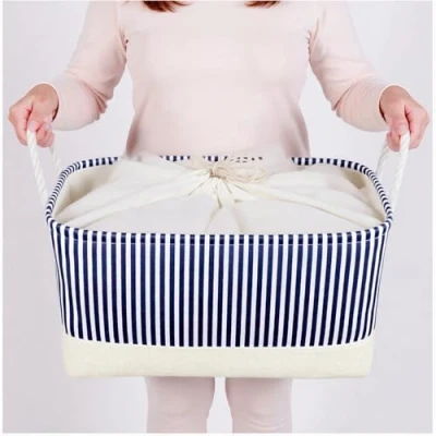Image of Mangata Washable Collapsible Thickened Canvas Fabric Storage Box with Handles (XLarge, Blue Stripe)