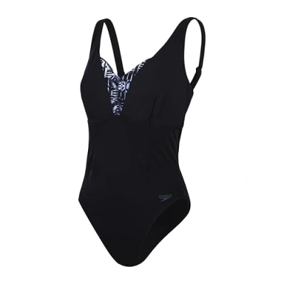 Image of Speedo Women&#039;s Shaping Printed OpusGem DD+ 1 Piece Swimsuit Shapewear Beach and Holiday Swimwear, Black/Oxid Grey/White, 32