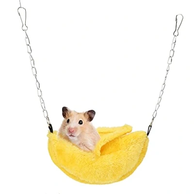 Image of Zerodis Lovely Banana Type Hamster Hanging Swing Bed Warm House Cage Nests Small Animals Accessories Comfortable Plush Winter Warming Nest with 2 Chains for Cute Pets Rat Mice Gerbil (Yellow)