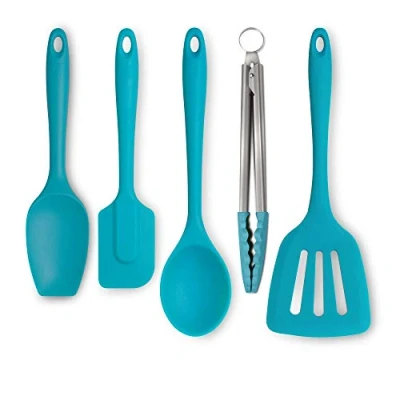 Image of Zeal JSET45A Non Stick Silicone Tongs, Turner, Spatula Cook Spoon 5 Piece Set Aqua