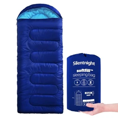 Image of Silentnight Sleeping Bag for Adults 3 Season Lightweight Soft Thick Cosy Warm Mummy Spring Summer Camping Hiking Outdoor Travel and Cold Weather Blue
