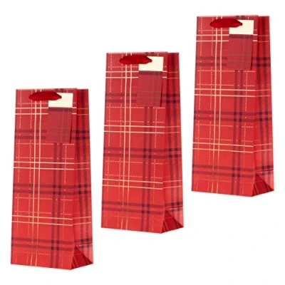 Image of Hallmark Christmas Bottle Bag Pack of 3, Traditional Red Tartan Design