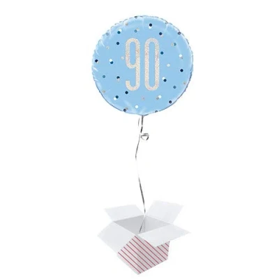 Image of Blue Glitz Holographic Round Foil Helium Balloon Inflated in a Box (Age 90, Birthday)