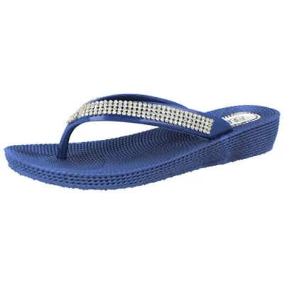Image of Ladies Womens Diamante Flat Low Wedge Summer Beach Evening Toe Post Flip Flops Shoes Sandals (8, Navy)