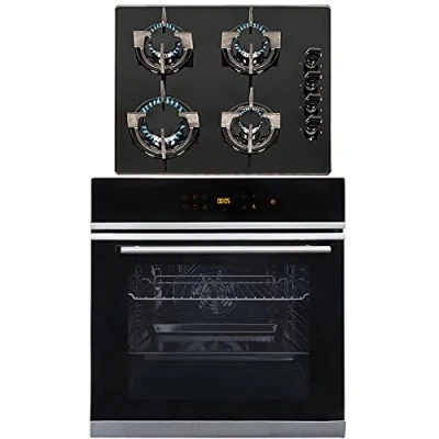 Image of SIA BISO6SS Premium 60cm Black 10 Function Built in Single Electric True Fan Oven &amp; GHG602BL 4 Burner Gas On Glass Hob With FFD LPG Kit