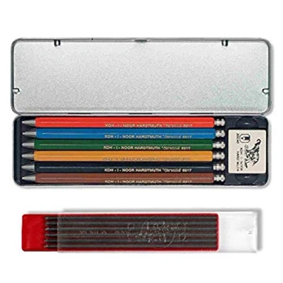 Image of Koh I Noor VERSATIL 5217 Mechanical Pencils in Metal Case, Assorted Colours (Pack of 6) and Graphite Leads 2 mm 2B 12)