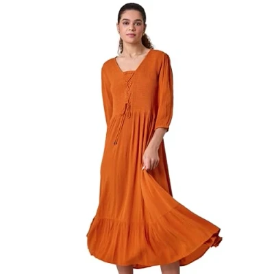 Image of Roman Womens Lace Up Shirred Midi Dress Beige Size 18 UK