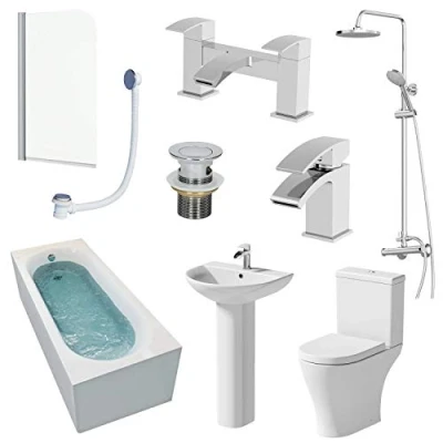 Image of Affine Bathroom Suite 1700mm Single Ended Bath Shower Toilet Pedestal Basin Taps Screen