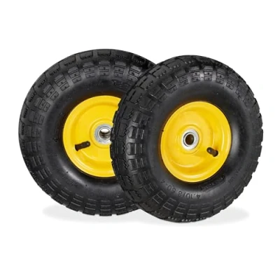 Image of Relaxdays Set of 4 Wheelbarrow Tyres, 4.1/3.5 4, Pneumatic Spare Wheel, 16 mm Axle, Supports up to 136 kg, Black/Yellow