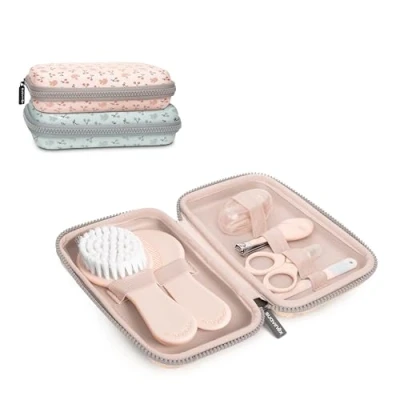 Image of Suavinex, Baby Care Kit Complete and Portable Manicure Set Contains: Brush Comb + Finger Toothbrush Scissors File Nail Clipper, 6 Pieces, Pink