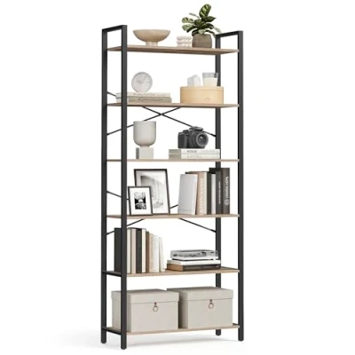 Image of VASAGLE 6 Tier Bookcase with Steel Frame, Free Standing Shelf, Living Room, Bedroom, Office, 30 x 80 186 cm, Industrial Design, Camel Brown, Black Ink, LLS082B50